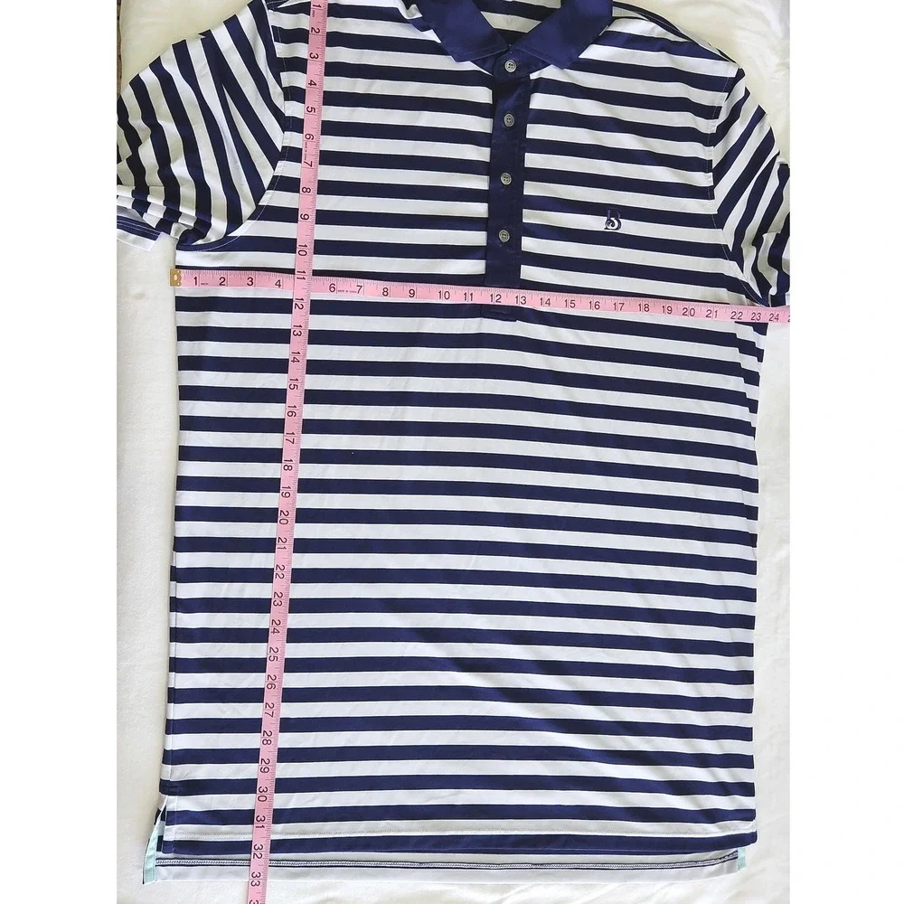 Greyson Clothiers Mens Large Navy White Striped Golf Polo Shirt Wolf Logo L - Picture 3 of 5